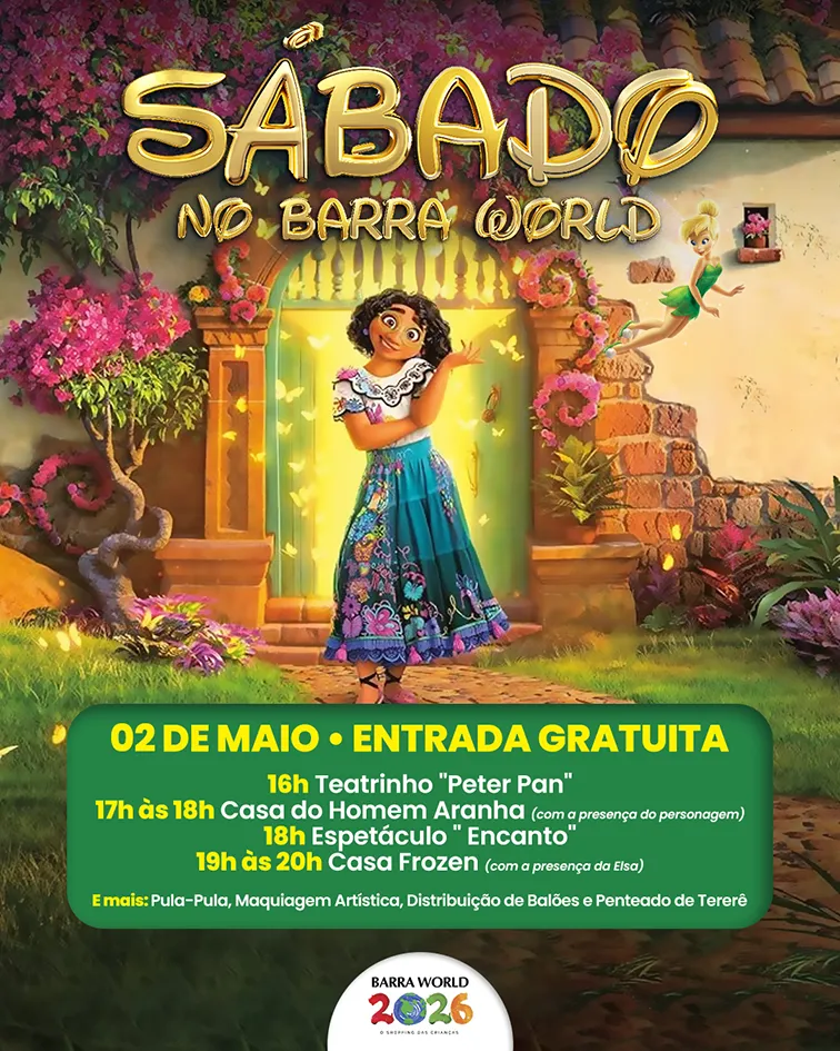 02 Sábado Infantil Gratuito no Barra World Espetáculo Encanto_02 de maio de 2026