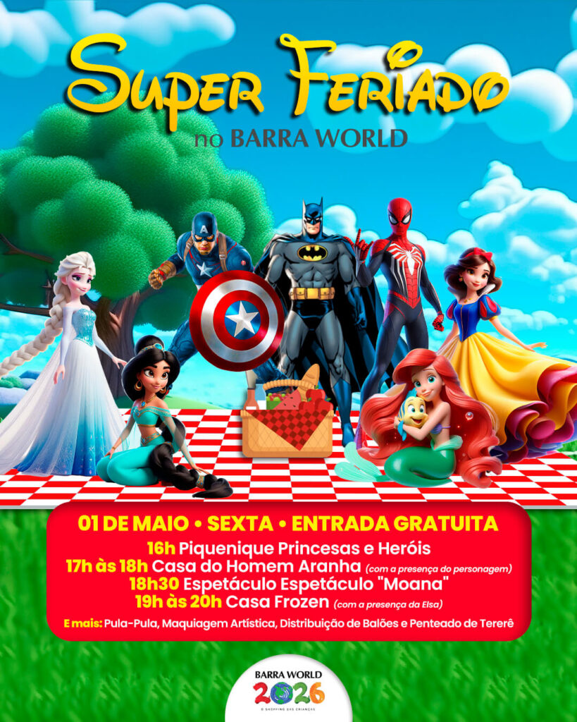 Espetáculo infantil Moana no Barra World Shopping, Praça da França, Recreio dos Bandeirantes — 01 de maio de 2026