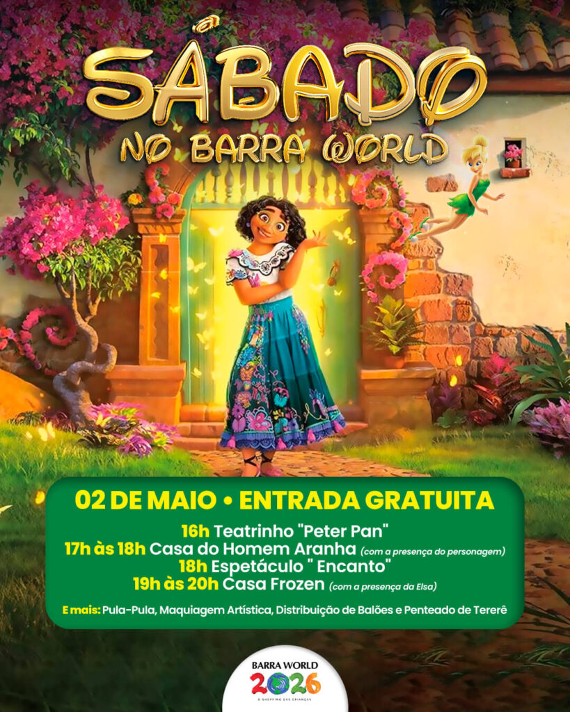 Programação infantil de sábado no Barra World Shopping — Espetáculo Encanto e Teatrinho Peter Pan, Recreio dos Bandeirante