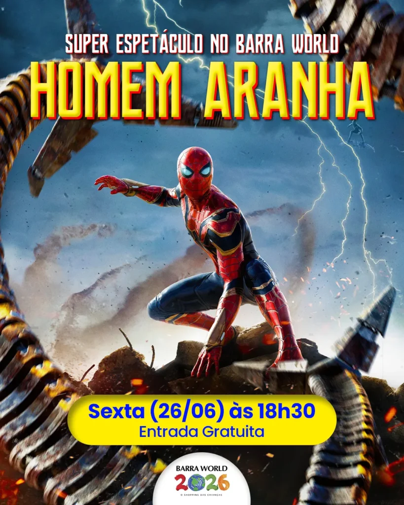 Espetáculo infantil Homem-Aranha no Barra World Shopping, Praça da França, Recreio dos Bandeirantes — 26 de junho de 2026