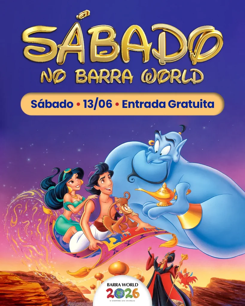 Programação infantil de sábado no Barra World Shopping — Espetáculo Aladdin e Festa Caipira com os 3 Porquinhos, Recreio d