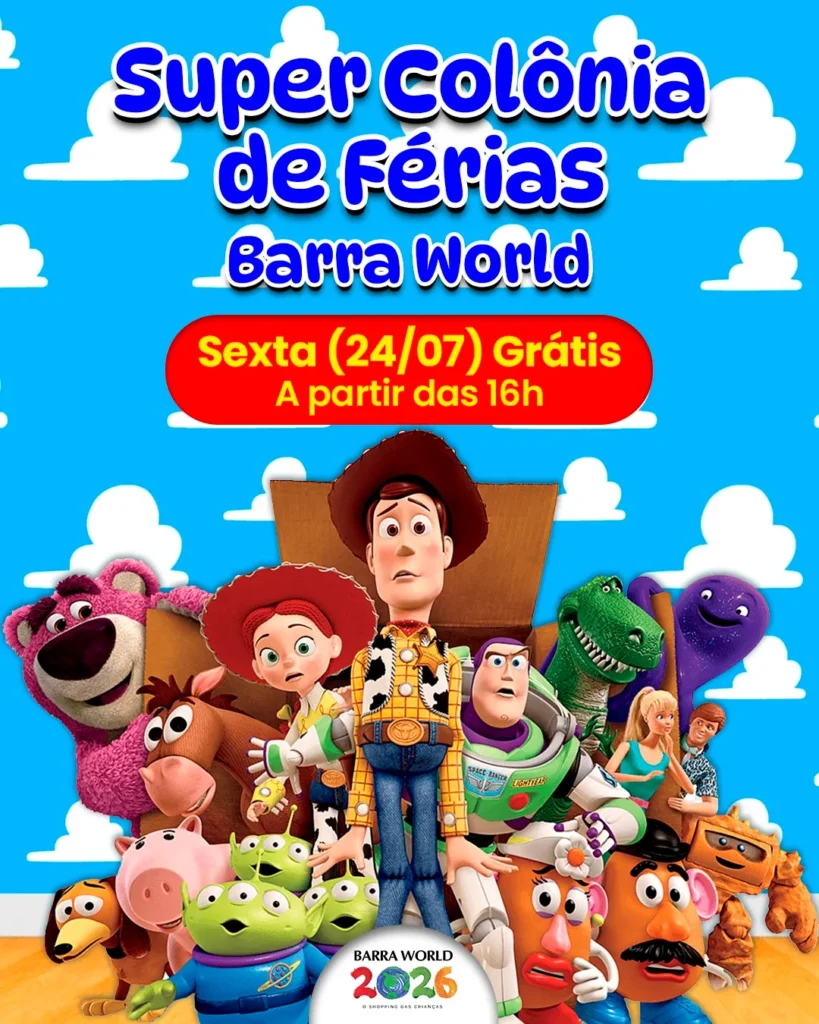Espetáculo infantil Toy Story no Barra World Shopping, Praça da França, Recreio dos Bandeirantes — 24 de julho de 2026