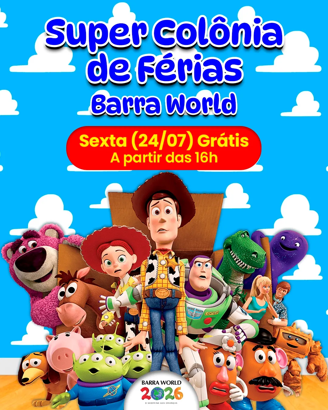 Espetáculo infantil Toy Story no Barra World Shopping, Praça da França, Recreio dos Bandeirantes — 24 de julho de 2026