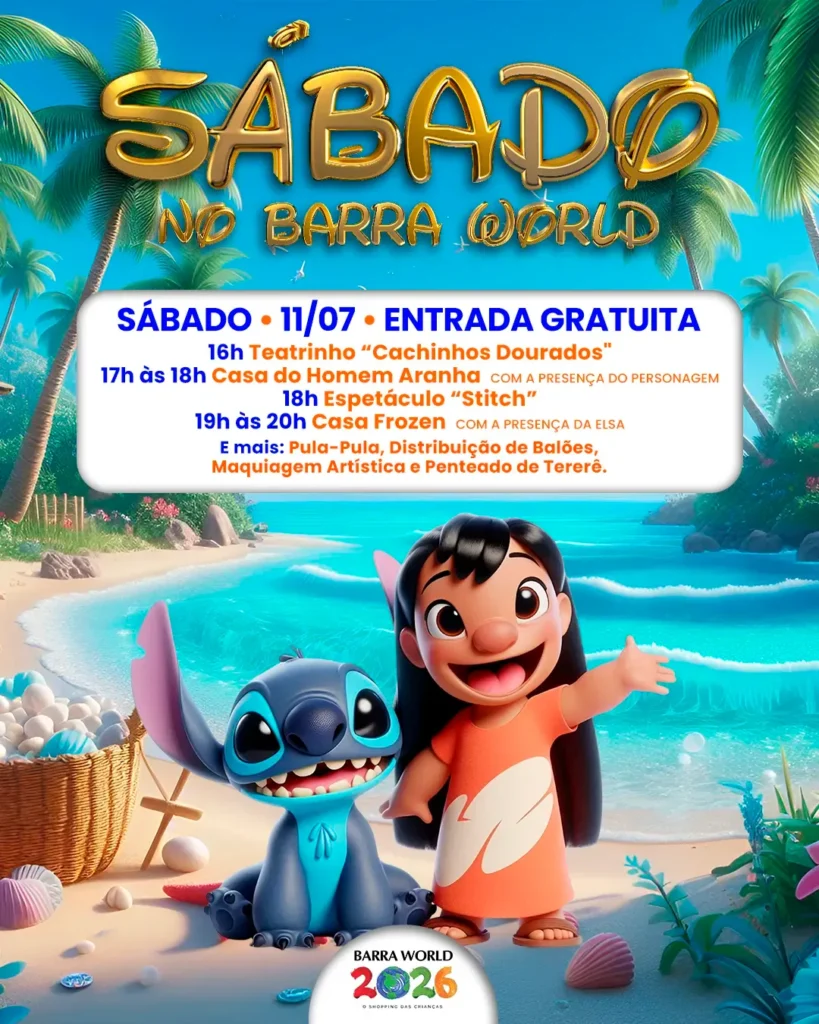 Sábado no Barra World Shopping — Espetáculo Stitch e Cachinhos Dourados, Recreio dos Bandeirantes, 11 de julho de 2026