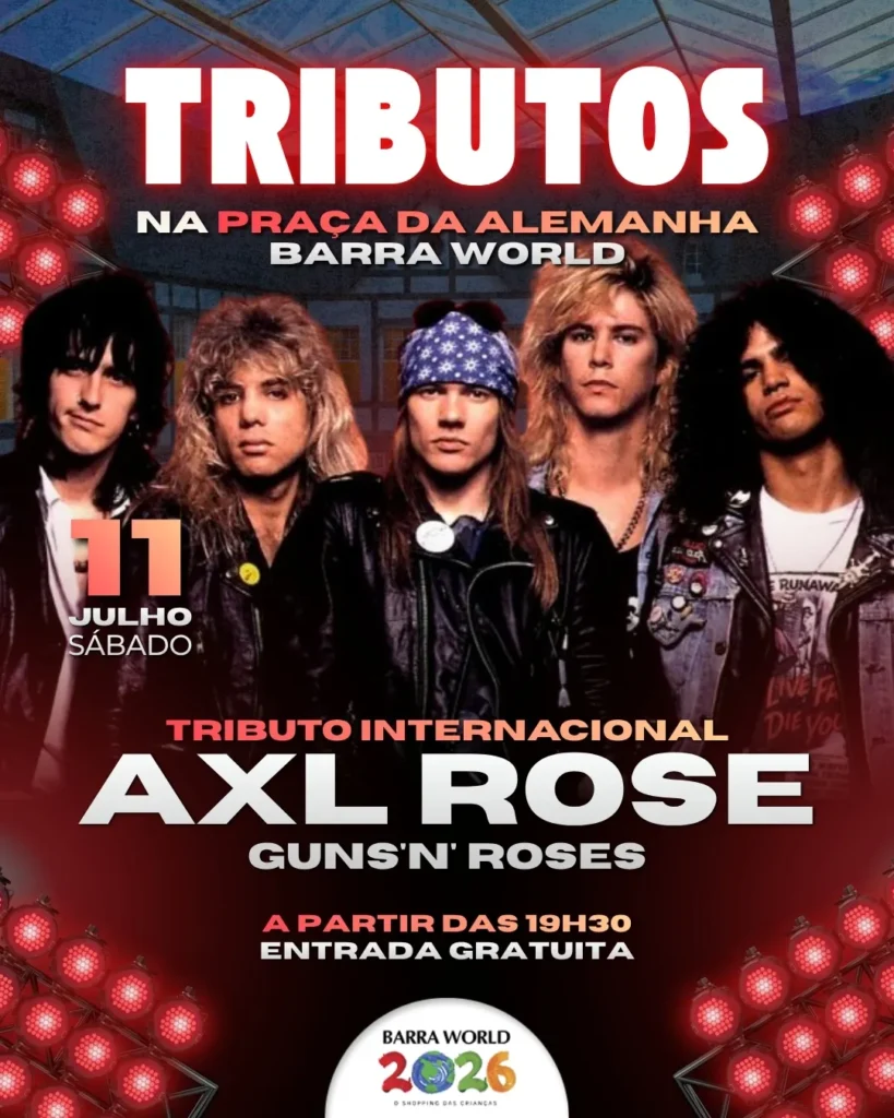 Tributo a Axl Rose e Guns N' Roses no Barra World Shopping – Show gratuito no Recreio dos Bandeirantes