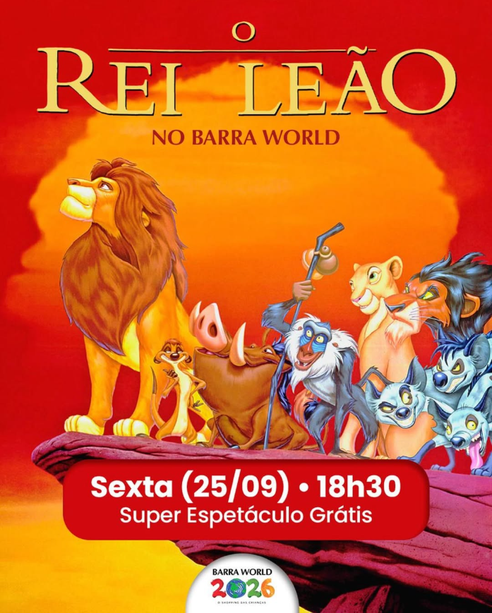 Espetáculo infantil O Rei Leão no Barra World Shopping, Praça da França, Recreio dos Bandeirantes — 25 de setembro de 2026