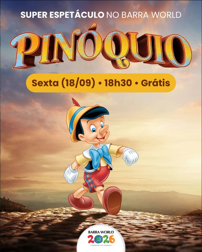Espetáculo infantil Pinóquio no Barra World Shopping, Praça da França, Recreio dos Bandeirantes — 18 de setembro de 2026