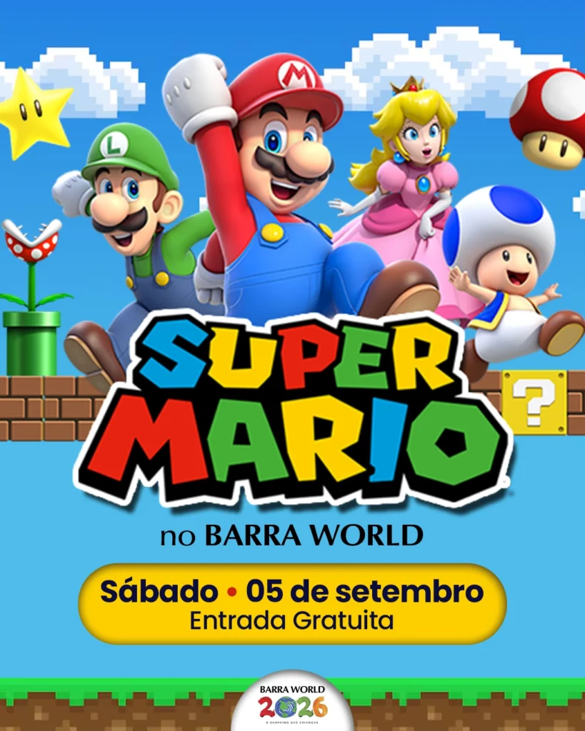Programação infantil de sábado no Barra World Shopping — Espetáculo Super Mario e Dona B
