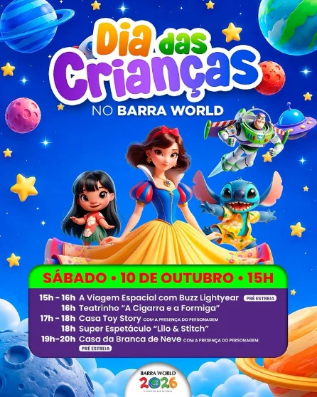Especial Dia das Crianças no Barra World Shopping — programação infantil de 10 de outubro de 2026, Recreio dos Bandeirantes