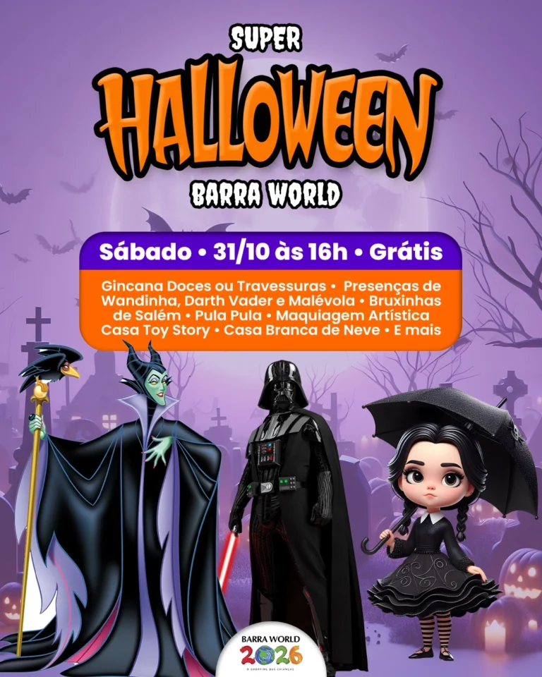 Programação 6 Halloween no Barra World Shopping — Super Espetáculo Abracadabra, As Bruxinhas de Salem, Recreio dos Bandeirantes, 31 de outubro de 2026