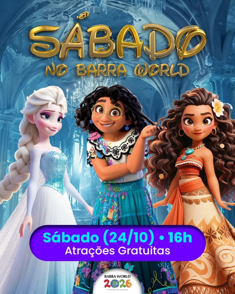 Programação infantil de sábado no Barra World Shopping — Super Espetáculo Minha Intuição com Mirabel, Elsa e Moana e Vila Encanto, Recreio dos Bandeirantes, 24 de outubro de 2026
