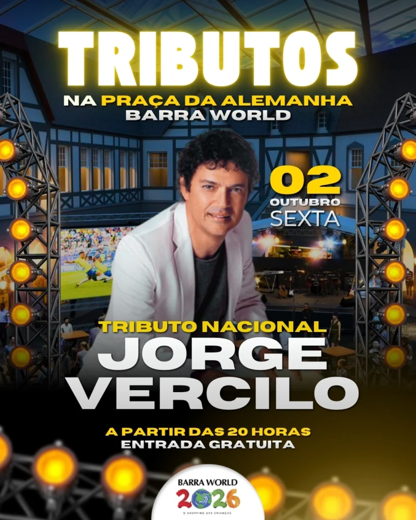 Tributo a Jorge Vercillo no Barra World Shopping, Recreio dos Bandeirantes. Show gratuito com os maiores sucessos do artista, dia 02/10, às 20h. Entrada livre para toda a família.